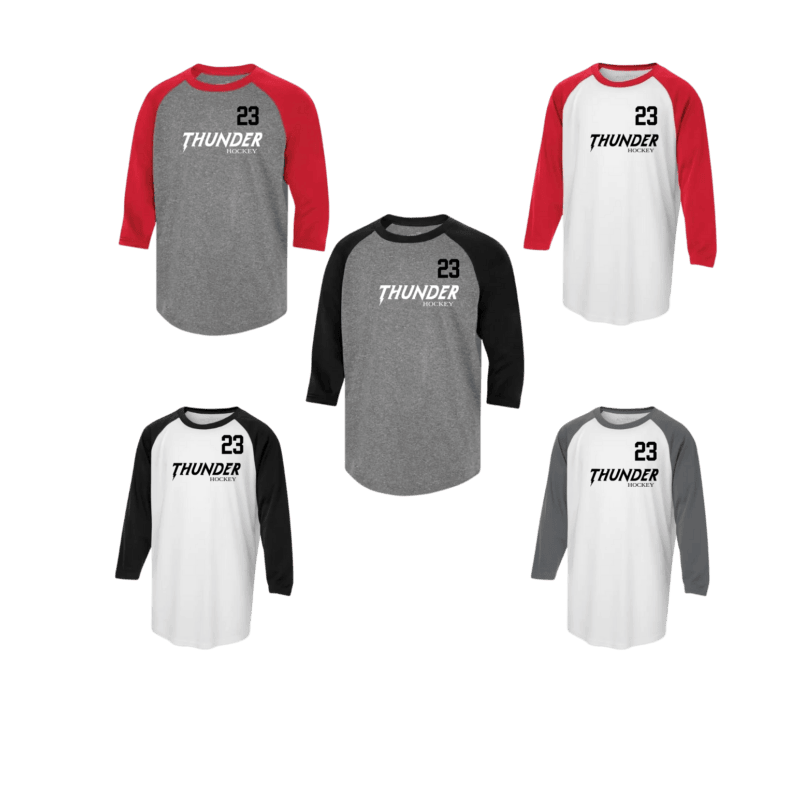 Adult Generic Brand Athletic Baseball Style Shirt with Thunder Text Logo and Custom Number